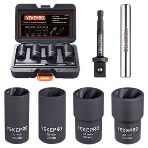 lot 10078 image: YEKEPRO 6 PCS Lug Nut Removal Tool, 12-inch Drive Impact Twist Socket Set and Bolt Extractor Set, 17,19,21,22MM Wheel Lock Removal Kit for Removing Damaged, Frozen, Rusted, Nuts and Screws, Cr-Mo Steel - Retail $20
