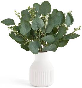 lot 10080 image: Dahey Artificial Eucalyptus Stems in Small Ceramic Vase Centerpiece Table Decorations Modern Farmhouse Decor Fake Eucalyptus Plants with Vase for Bathroom Kitchen Shelf Living Room Home Decor, White - Retail $17