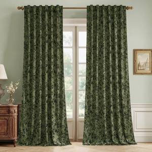 lot 13968 image: RYB HOME Olive Green Velvet Curtains 84 inches Long, Printed Floral Vintage Design Home Decoration Thermal Insulated Room Darkening Drapes for Bedroom Living Room, W50 x L84 inches, 2 Panels - Retail $47