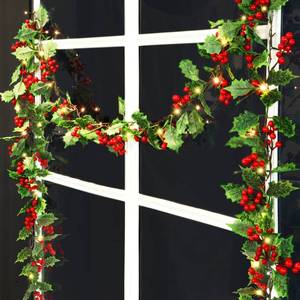 lot 13971 image: ATDAWN 9 FT Red Berry Christmas Lighted Garland, Battery Operated Christmas Garland with Lights, Flexible Artificial Garland for Indoor Home Fireplace Christmas Holiday New Year Decoration - Retail $20