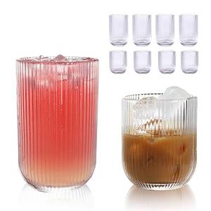 lot 13978 image: WeirdUncle Set of 8 Ribbed Glassware,4 Highball Glasses 14oz and 4 Rocks Drinking Glasses 9oz, Clear, Origami Style, Fluted Design, for Milk, Water, Cocktail, Juice, Beer, ToothBrush Cup, Gift - Retail $37