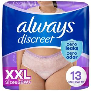 lot 13981 image: Always Discreet Incontinence and Postpartum Incontinence Underwear for Women - Maximum Protection - XXL - 13ct - Retail $75