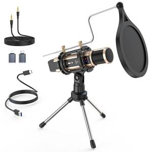 lot 14497 image: ZealSound Studio Recording Microphone, Condenser Broadcast Microphone wStand Built-in Sound Card Echo Recording Karaoke Singing for Phone Computer PC Garageband Smule Live Stream and YouTube (Gold) - Retail $30