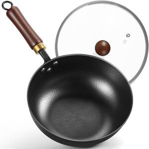lot 16326 image: BrBrGo Carbon Steel Wok, 9.5 Deep Frying Pan With Lid, Flat Bottom Small Wok, Bi-Thickness Authentic Chinese Woks and Stir-Fry Pans with Glass Lid, 3-Qt. Saute Pan - Retail $34