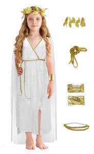 lot 16330 image: JEGERMIG Greek Costume Kids Toga Roman Goddess Athena Children Halloween Cosplay Grecian Dress Up Outfit Set S - Retail $17