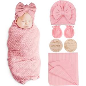 lot 16334 image: AQOKKA Newborn Receiving Blanket with Bow Hat Mittens Wooden Card Set Wheat-Pattern Newborns Toddler Baby Boy Girl Nursery Swaddle Wrap - Retail $14