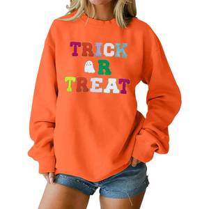lot 16335 image: TAOHONG Halloween Ghost Sweatshirt for Women Trick or Treat Crewneck Pullover Tops Cute Embroidered Spooky Season Sweaters Orange M - Retail $28