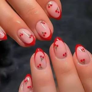 lot 16340 image: LBPEPAMZ 24Pcs Cherry Press on Nails Short Almond Fake Nails Red French Tip Glossy Glue on Nails Cute Nude Full Cover Petite False Nails Red Summer Artificial Acrylic Nails Manicure for Women 24Pcs - Retail $5