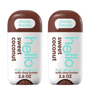 lot 16346 image: hello Sweet Coconut Deodorant With Shea Butter for Women  Men, Aluminum Free, Baking Soda Free, Parabens Free, 24 Hour Odor Protection, 2.6 Ounce, 2 Pack - Retail $13