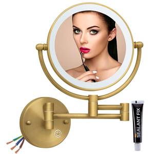 lot 17132 image: RECKODOR Hardwired Bathroom Wall Mounted Makeup Mirror with Lights and Magnification, 1X5X Double-Sided for Exquisite Make-up, Extendable Adjustable Angle, No Bending Over Design, Antique Brass - Retail $98