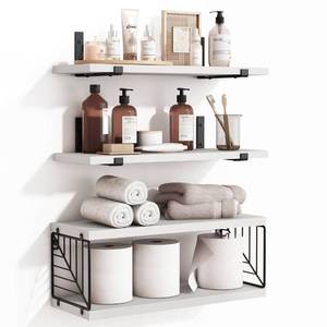 lot 17136 image: Fixwal 31 Tier Bathroom Floating Shelves Over Toilet, 15.8in Farmhouse Rustic Wood Shelves, Wall Decor for Bathroom, Living Room,Bedroom and Kitchen (White) - Retail $24