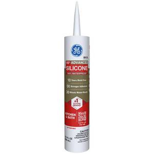 lot 18082 image: GE Advanced Silicone Caulk for Kitchen and Bathroom, White, 10 fl oz Cartridge, 1 Pack - 100percent Waterproof Silicone Sealant, 5X Stronger Adhesion, Shrink and Crack Proof - Retail $10