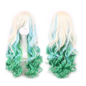lot 18089 image: WeeH Women Wigs Long Hair Heat Resistant Spiral Curly Cosplay Wig Fashion Wavy Costume Daily Party (bule green gold) - Retail $10