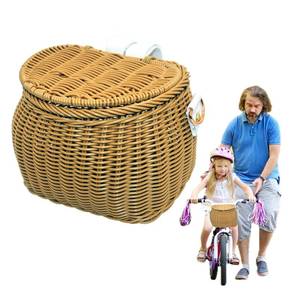 lot 1789 image: Bike Basket,Kids Bike Basket Front,with Adjustable Leather Straps,Weatherproof Premium Hand-Woven Rattan Storage Bicycle Basket for Boys Girls Bicycle Accessories - Retail $27
