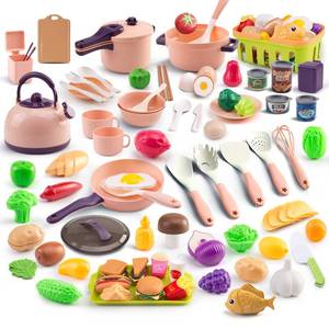 lot 1792 image: 118Pcs Mini Play Kitchen Accessories for Kids, Pretend Cooking Playset with Cookware, Tableware and 2 Fruit Sets, Learning Gift for Girls, Boys, Toddlers, Pink - Retail $25