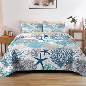 lot 1794 image: Pamnest Quilt Set King Size, Sea Shell Coral Starfish 3 Pcs Soft Bed Cover Bedding Set for Kids and Adults, Underwater Seashell Lightweight Bedspread Coverlet with Pillow Sham for All Season