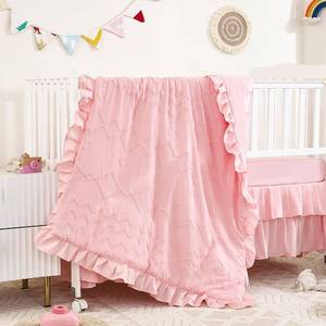 lot 1803 image: NacoMoco 3-Piece Tufted Ruffle Crib Bedding Set for Girls - Ultra Soft Baby Bedding Set Includes Boho Crib Comforter, Sheet and Skirt (Light Pink) - Retail $37