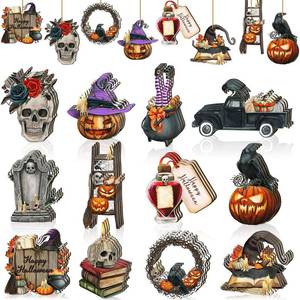 lot 2203 image: Karenhi 36 Pcs Horror Christmas Ornaments for Tree Wood Creepy Spooky Christmas Decoration for Tree Skull Witch Hat Pumpkin Crow Tombstone with Rope Black Home Decor for Party Decor - Retail $9