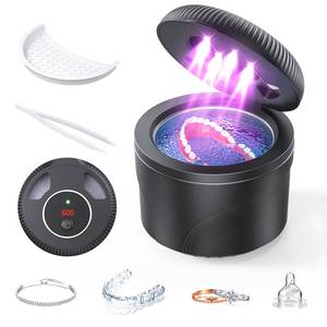 lot 2216 image: Ultrasonic Retainer Cleaner, 45kHz Retainer Cleaner Machine for Dentures, Mouth Guards, Aligners, Braces, Toothbrush Heads and Jewelry, 200ML Dental Cleaning Pod with 4 Modes and Digital Timer - Retail $33