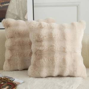 lot 2222 image: MANDIOO Pack of 2 Thick Plush Wool Decorative Throw Pillow Covers Super Soft Wave Bubble Fur Velvet Cushion Covers Pillow Shams for Couch Bed Living Room 16x16 Inch Beige - Retail $19