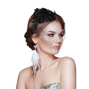 lot 2224 image: Aster 1920s Fascinator Mesh Veil Black Headband Bridal Wedding Tea Party Fascinator Veil for Woman Girl - Retail $14