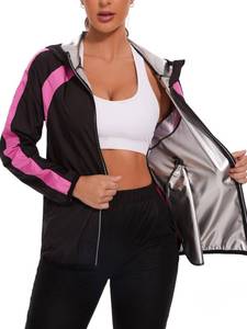 lot 2230 image: NINGMI Women Sauna Jackets Sweat Suit Long Sleeve Zipper with Hood Sauna Shirt Body Shaper Top Workout Gym Exercise, Size Medium- Retail $26