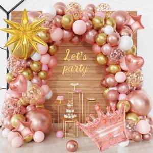 lot 2249 image: 154Pcs Rose Gold Balloons Arch Garland Kit, Bachelorette Pink and Gold Confetti Balloons with Star Heart for Women Girls Birthday Wedding Bridal Baby Shower Mothers Day Party Decorations - Retail $10