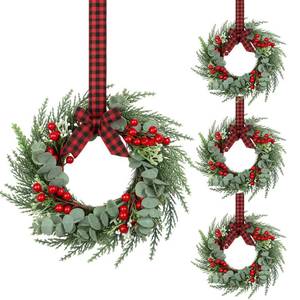 lot 2254 image: 4 Pcs 8 Mini Christmas Wreaths for Kitchen Cabinet Small Christmas Candle Rings Wreaths, Front Door PillarsHome Table Centerpieces Hanging Garlands, for WindowsWedding Decor (No Red Ribbon) - Retail $16