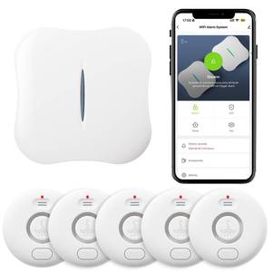 lot 2283 image: WiFi Water Leak Detectors 5 Pack, 120dB Adjustable Loud Water Leak Sensor, Wireless Wi-Fi Water Leak and Drip Alarm, App Alerts, 5 Water Alarm Sensors and 1 Hub for Home Kitchen, Bathroom, Sink, Laundry - Retail $50