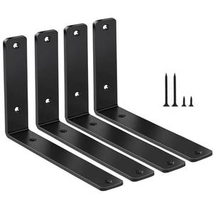 lot 2299 image: 4 Pack - L 8 x H 6in x W1.5, 5mm Thick Black L Shelf Bracket, Iron Shelf Brackets, Metal Shelf Brackets, Floating Shelf, Shelf Supports with Screws - Retail $20