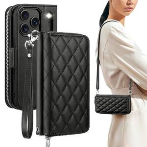 lot 2305 image: OCASE for iPhone 17 Pro Crossbody Wallet Case - Stylish PU Leather Handbag Phone Purse with Zipper Closure, 10 Card Slots and RFID Blocking - Wrist Strap, Lanyard, Kickstand - Diamond Check Black - Retail $31