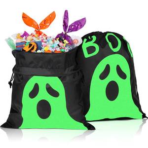 lot 2308 image: Kingdder 2 Pcs Halloween Glow in The Dark Ghost Bag 16.5 x 13.4 Inch Treat Bags with Drawstrings Cloth Candy Sack Luminous Reusable Tote Bags for Halloween Party Favors Supplies Gift (Cute) - Retail $15