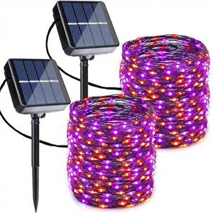 lot 2310 image: Joomer Orange Purple Halloween Solar String Lights - 2 Pack Total 80FT 240LED Solar Fairy Lights, Waterproof Outdoor Twinkle Lights with 8 Modes for Garden, Porch, Trees, Halloween Decor (Black Wire) - Retail $10