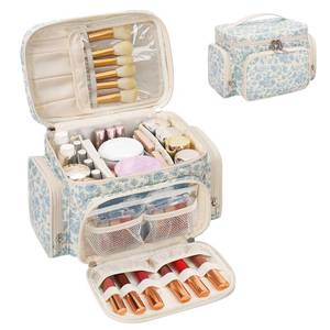 lot 2315 image: Large Cotton Makeup Bag, Quilted Floral Makeup Bag Organizer for Women Girls with Makeup Brush Compartment and Two Side Pockets, Cosmetic Travel Bag Vertical Storage- Blue Flower - Retail $28
