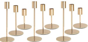 lot 2326 image: KDJFIIH Gold Candlestick Holders - Bulk Decorative Metal Candelabra for Taper Candles - Fit 0.8 Inch Diameter - Gold Taper Candle Stands for Wedding Home Party Table Decor (Set of 9) - Retail $40