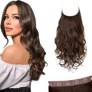 lot 2330 image: SARLA Invisible Wire Hair Extensions with 3 Clips Synthetic Wavy Curly Hairpiece Adjustable Transparent Headband for Women 16 Inch Medium Brown - Retail $10