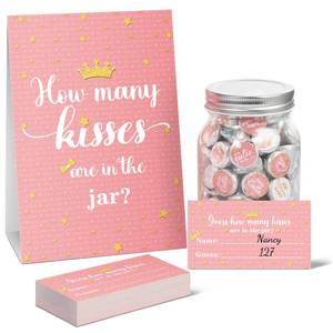 lot 2337 image: Containlol 555 Pcs How Many Kisses Baby Shower Games, Pink and Gold Standing Sign Guessing Cards Kisses Stickers for Kids Girl Birthday Baby Shower Sprinkle Party Decoration (No Candy and Jar) - Retail $12