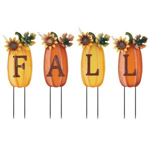 lot 4010 image: hogardeck Outdoor Fall Thanksgiving Decorations for Home, 4 PCS Metal Pumpkin Decorative Garden Stakes with Sunflowers for Fall Decorations, Yard Signs for Garden Home Lawn Patio - Retail $25