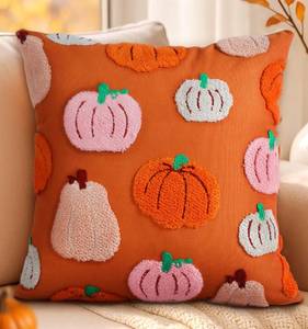 lot 4030 image: Kokaaee Embroidered Fall Pillow Covers 18x18 Inch - Halloween Decor Soft Cozy Throw Pillow Covers with Zipper Autumn Theme Harvest Colorful Pumpkin Cushion Covers for Living Room Couch Sofa Bed - Retail $7