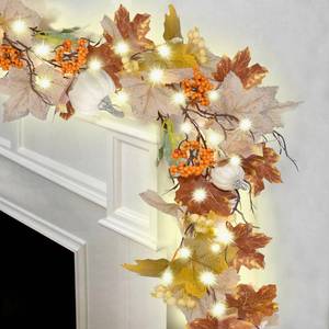 lot 4031 image: 6.2FT Fall Garlands Autumn Garland with Lights and Timer Maple Pumpkin Berry Garlands Fall Leaves Garland for Mantle Halloween Thanksgiving Harvest Christmas Decorations - Retail $28