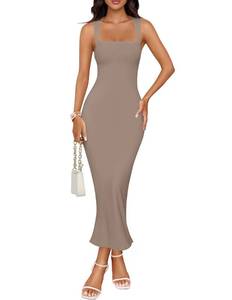 lot 4047 image: ZESICA Womens Summer Bodycon Midi Dress Sleeveless Square Neck Slim Fit Back Slit Long Cocktail Party Dresses,Dark Khaki,Large - Retail $45