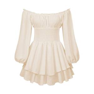 lot 4053 image: Aopwsrlyi Womens Off Shoulder Ruffle Mini Dress Puff Long Sleeve Flowy Layered A Line Puffy Romper Dress (Apricot, S) - Retail $28