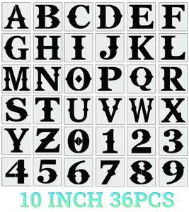 lot 4076 image: 10 Inch Letter Stencils for Painting On Wood, 36pcs Alphabet Stencils Retro Letter Templates,Reusableand Flexible Stencil for Drawing On Wall,Sign,Canvas, Paper, Fabric, Floor - Retail $22