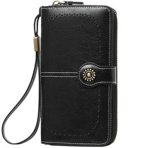 lot 4078 image: TFKGS RFID Wallet Women, Soft Waxed Leather Zip Bifold Credit Card Holder, Ladies Phone Clutch Travel Wristlet Large Capacity Black - Retail $23