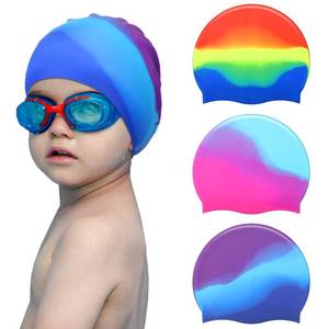 lot 4079 image: 3 Pieces Kids Swim Caps Toddlers Swimming Caps Silicone Swim Cap for Boys Girls (Age 4-12) Baby Waterproof Cartoon Bathing Hats for Long and Short Hair (Rainbow Style) - Retail $9