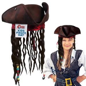 lot 18095 image: Nicky Bigs Novelties - Kids Pirate Hat with Dreadlocks and Red Band with Floral Filigree - Buccaneer Wig for Girls and Boys Costume, Caribbean Pirate Tricorn Hat Accessory, Brown - Retail $14