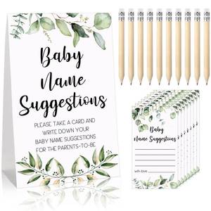 lot 18101 image: Spakon 61 Pcs Baby Shower Games, Greenery Name Suggestion Sign 50 Funny Baby Shower Name Suggestion Cards with 10 Pencils for Gender Reveal Birthday Party Supplies Decorations - Retail $9