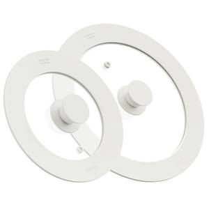 lot 19301 image: CAROTE 2 PCS Universal Silicone Lid for Pots, Pans and Skillets, Pot Lid fit 6, 7in 8in and 9.5in, 10in, 11in Diameter Cookware, Pan Cover With Heat Resistant Silicone Rim and Tempered Glass, White - Retail $25