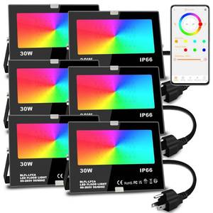lot 19326 image: Led Flood Light 30W, 300W Equivalent 3000 LM Outdoor Color Changing Led Stage Landscape Lights, Bluetooth RGBW Smart Floodlights 2700K and 16 Million ColorsandTimingand Music Sync, IP66US 3-Plug (6 Pack) - Retail $100