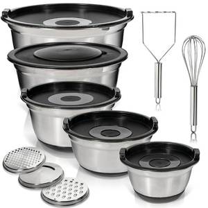 lot 19334 image: WHYSKO Stainless Steel Mixing Bowls with Lids Set - 5 Rustproof Metal Nesting Mixing Bowls for Kitchen, Meal Prep, Baking, Cooking, Storage - Includes 3 Grater Attachments, Dishwasher Safe - Retail $30